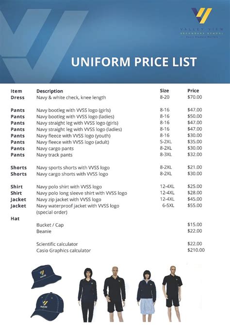 Price list of uniforms. Prices may .